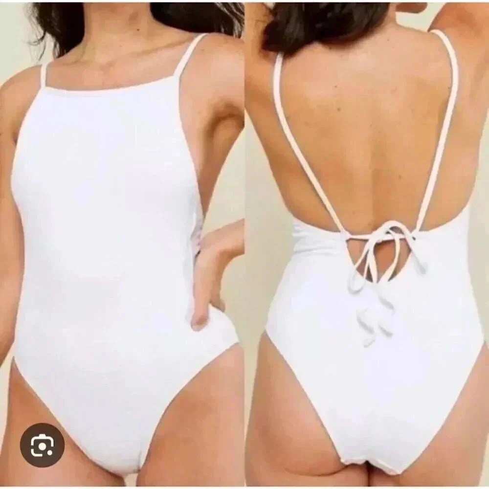 Andie The Paloma One Piece Swimsuit Ribbed White Tie Back Small Tall NWT